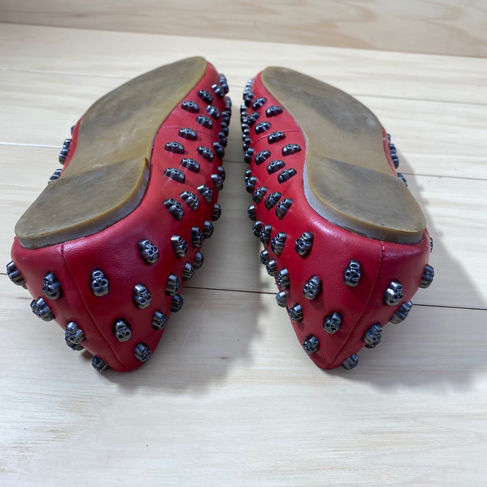 Jeffrey Campbell Ibiza Last Flats Women 10 Red Leather Gunmetal Skull Studded - Picture 11 of 12